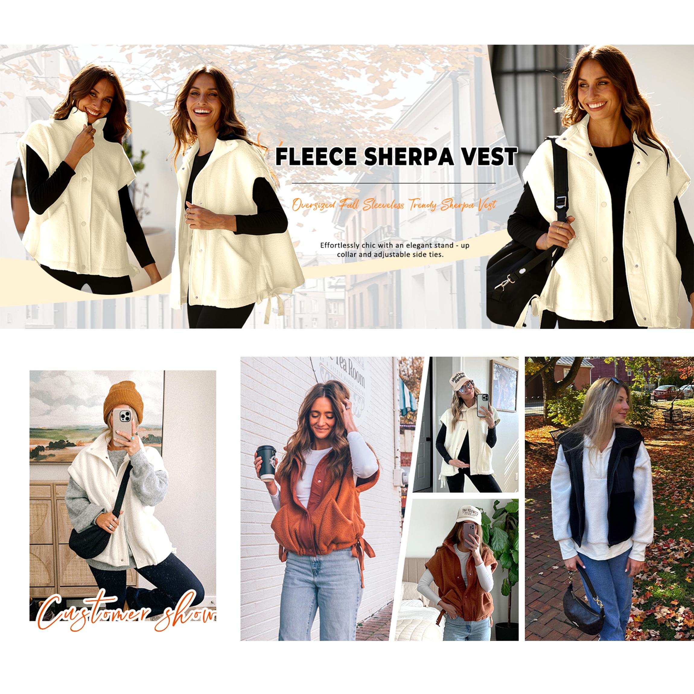 Buenoble Women's Oversized Fleece Vest Cozy Sherpa Sleeveless Jacket with High Neck Side Ties Snap Buttons Fall Winter Casual Outerwear SpringStatements