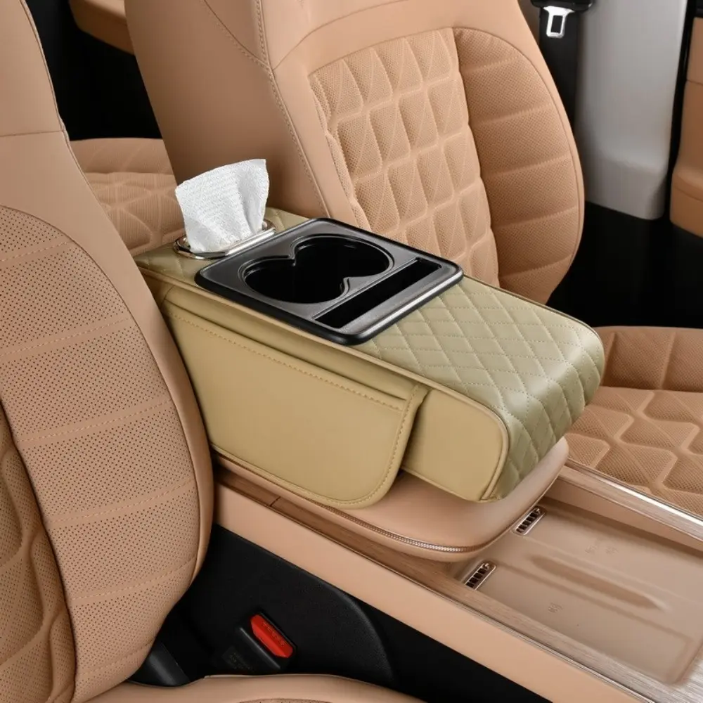 5-in-1 Car Center Console Cover, 13.6''x7.5''x3.0" Multifunctional Arm Rest Cover with Cup Holder,Phone Holder,Pocket,Tissue Holder,Leather Height Enhancement Car Armrest Cushion for Most Car