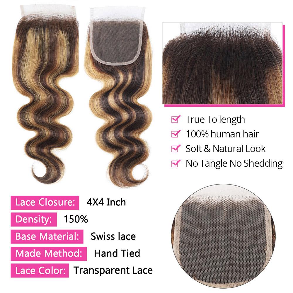 Highlight Honey Blonde Hair with Closure Brazilian Body Wave Human Hair 3 Bundles with 4x4 Lace Closure P4/27