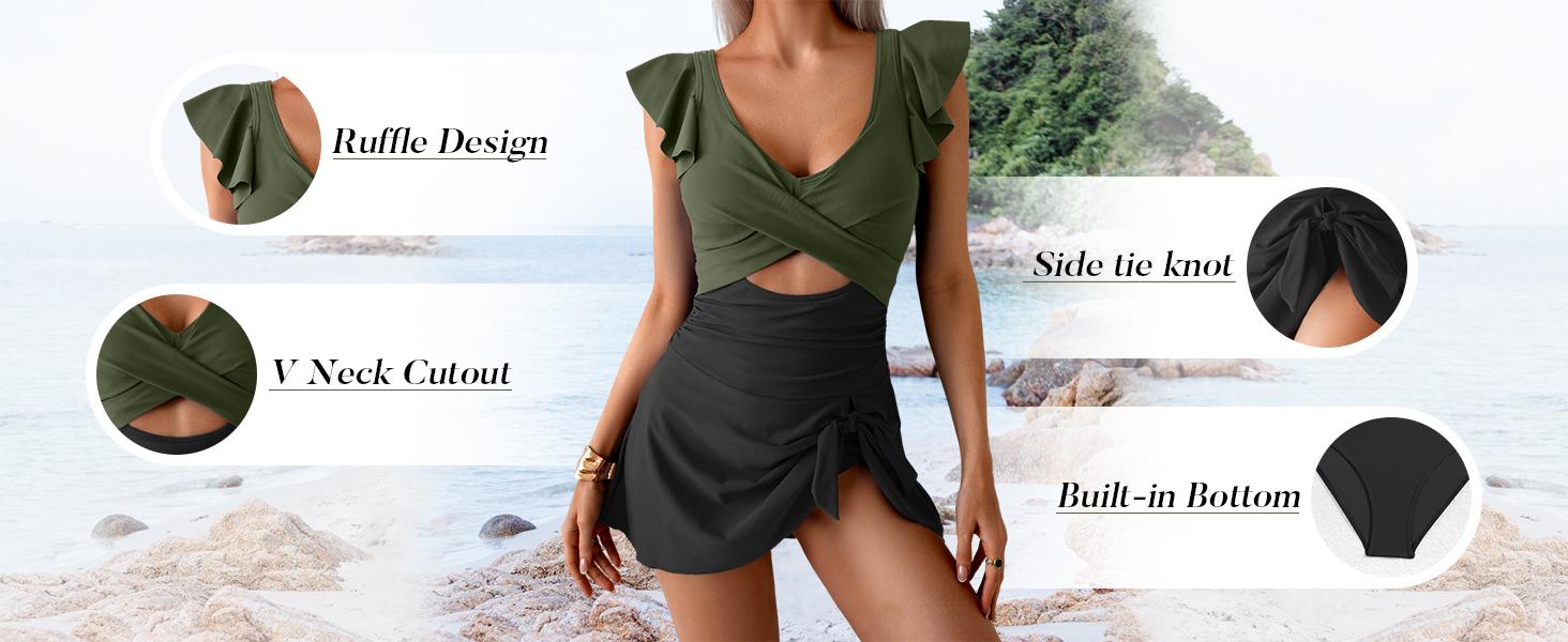 B2LOVER One Piece Swimdress Swimsuit for Women Tummy Control Ruffle Swim Dress Skirt V Neck Cutout Wrap Bathing Suit