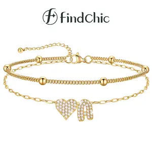 FindChic Initial Heart 14K Gold Plated Anklets for Women Letter Daily Double Layered Bead Chain Golden Silver Black Color Summer Beach Footwear Ankle Bracelet Jewelry Gift for Women Girls