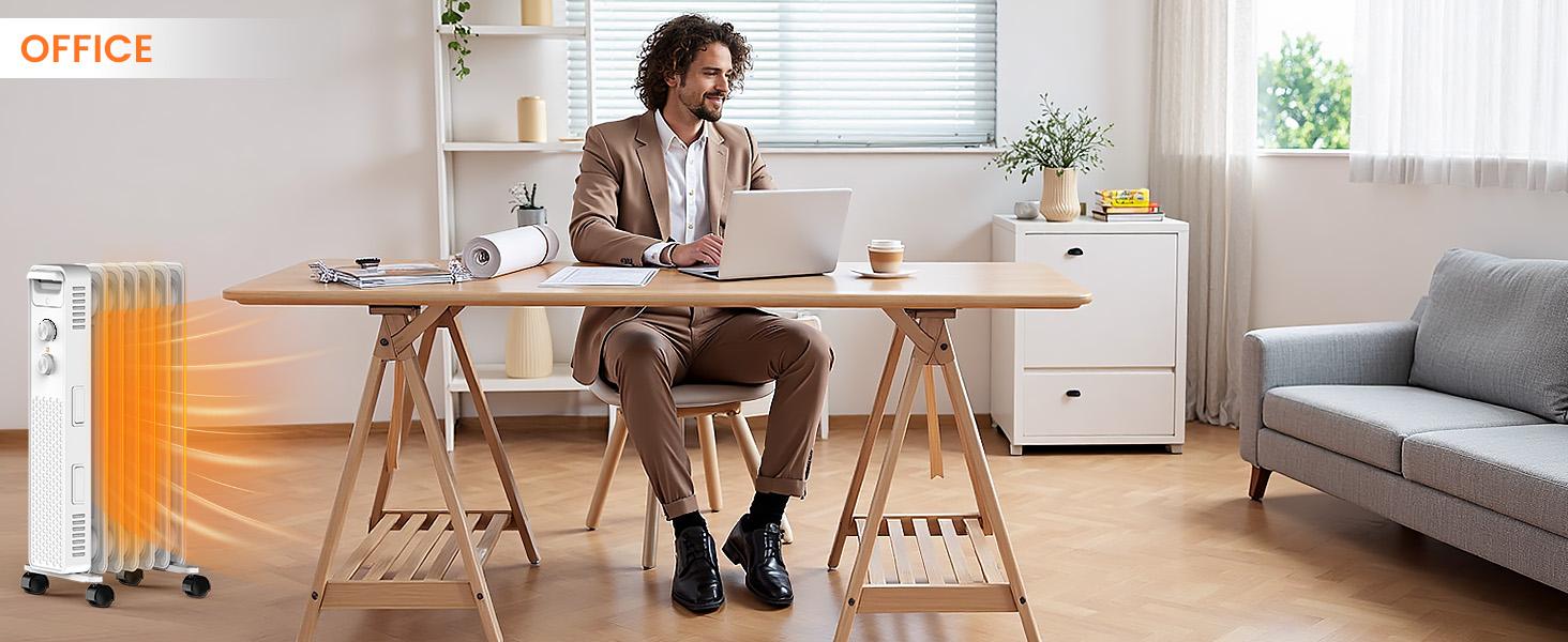 R.W.FLAME Oil Filled Radiator Heater,1500W Portable Electric with 3 Settings Adjustable Thermostat, Overheat Protection ,Quiet for Indoor Bedroom,Office, Wheels Handle Mobility, 7 Fins