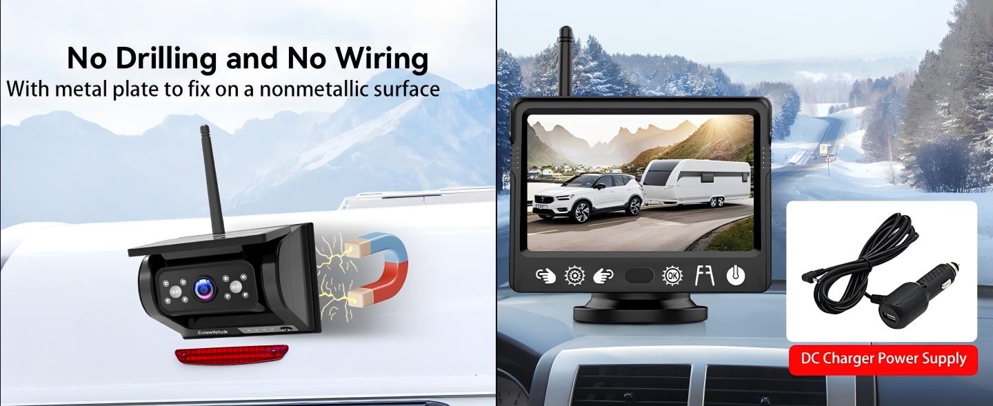 ConewVehicle Magnetic Solar Wireless Backup Camera with 5-inch HD Monitor,1080P Rear View for Car/Truck/RV/Trailer/SUV/Camper,Nightvision,Waterproof,Dash Cam,Parking Assist,Easy Install
