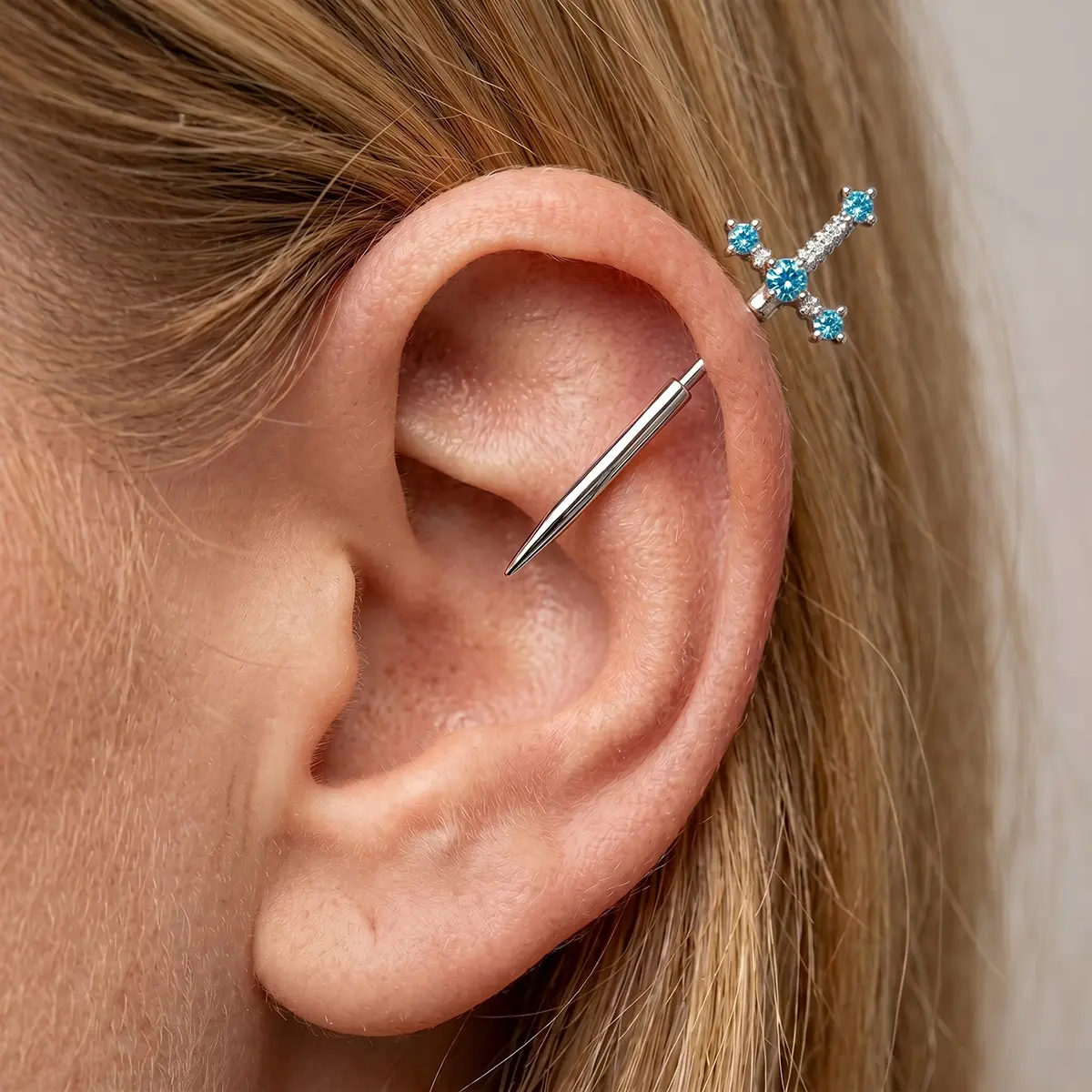 Titanium Gothic Sword Piercing Stud, Multi‑Color CZ Cross Ear Jewelry, Suitable for Helix Lobe Conch Piercings, Y2K Gothic Curated Ear Stack Daily Wear Ear Accessory
