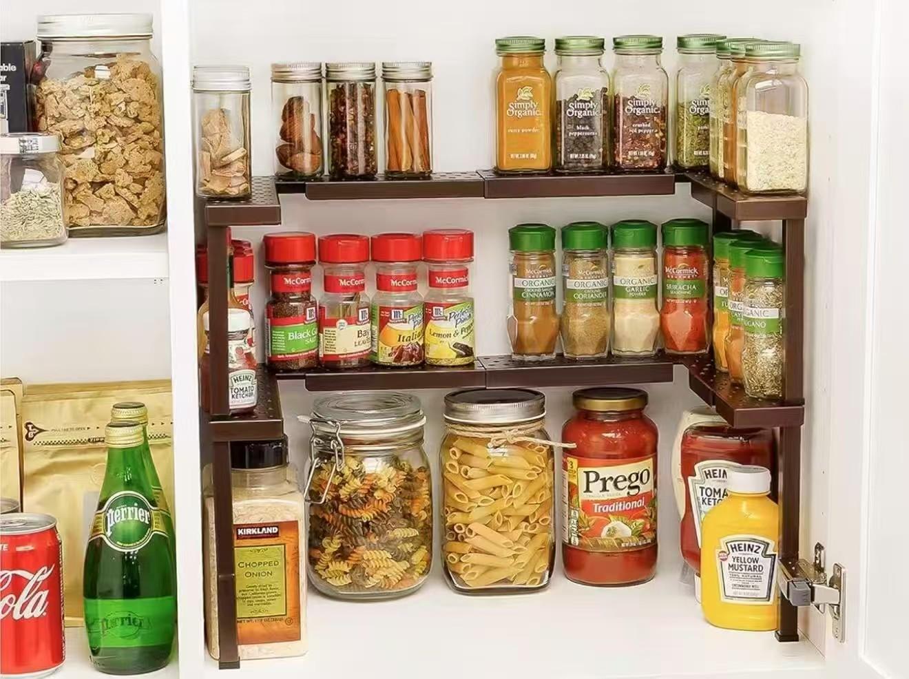 Kitchen Cabinets, Storage Rooms, Stackable Spice Racks, 2-Layer Adjustable Metal Iron Spice Racks for Storing Spices, Seasonings & Pasta Organiser White