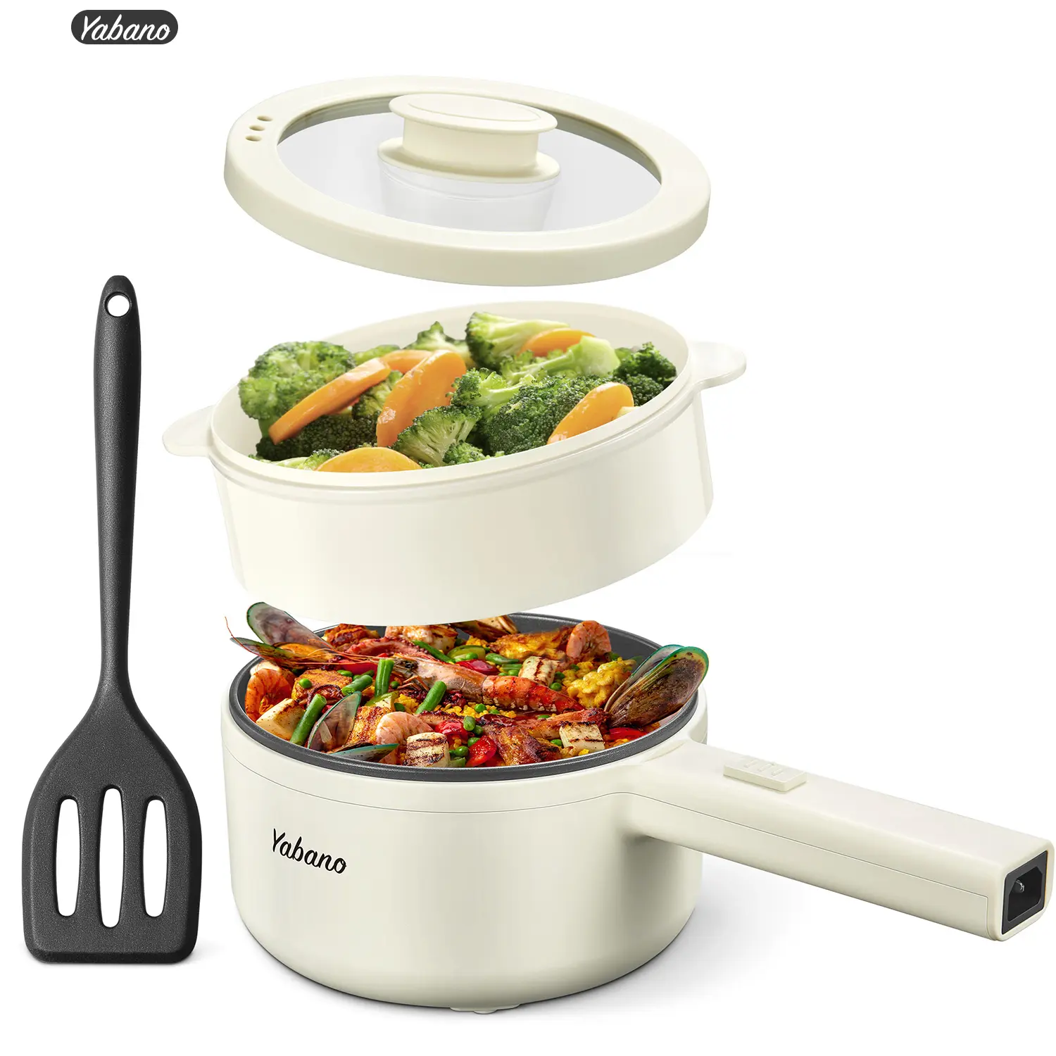 Yabano Electric Pot, 850W Non-Stick Multifunction Electric Hot Pot with Steamer,1.6L Noodles Cooker with Dual Power Control, Portable Pot For Dorm, Office, Travel with Silicone Spatula Included Cookware