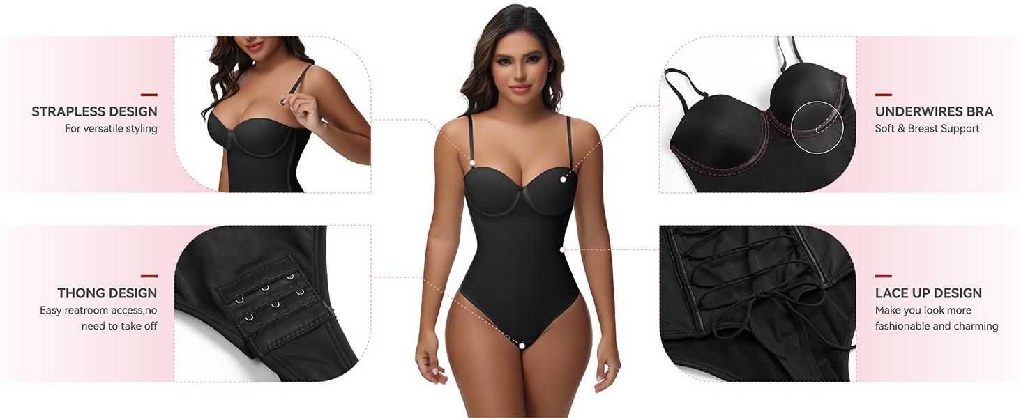SHAPSHE Strapless Shapewear Corset Bodysuit Tops for Women Tummy Control V Neck Thong Body Shaper with Bra Going Out Outfits