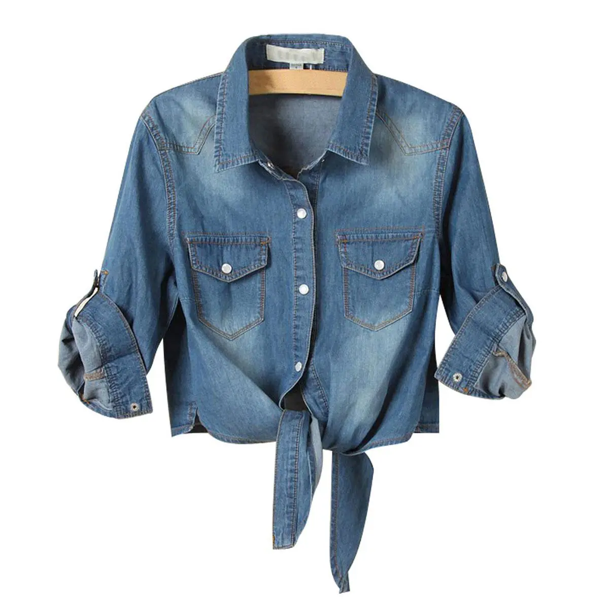 JovenPara Women's 3/4 Sleeve Cotton Blouse - Tie-Front Knot, Denim Look Crop Top