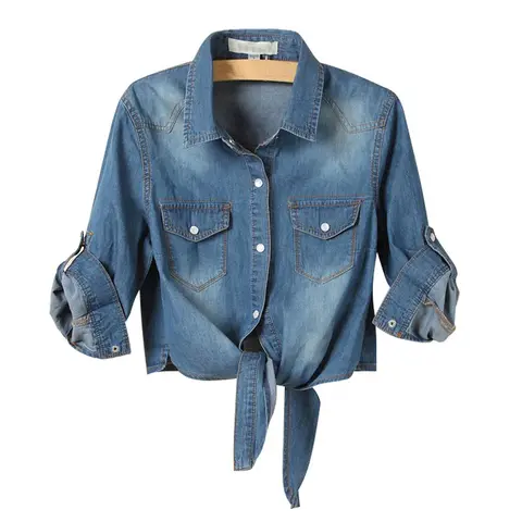 JovenPara Women's Chambray Jean Cover Up Shirt - 3/4 Sleeve, 95% Cotton 5% Polyester, Cute Lightweight Distressed Denim, Tie-Front Knot, Crop Top, Turn-Down Collar, Snap Buttons, Button Strap, Minimalist, Cold Wash (Size M)