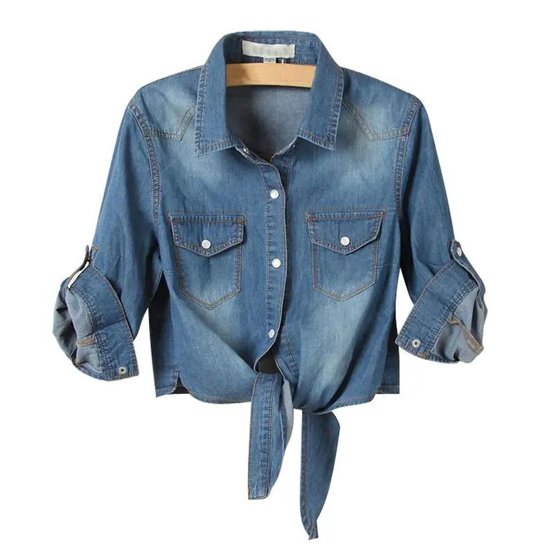 JovenPara Women's Chambray Jean Cover Up Shirt - 3/4 Sleeve, 95% Cotton 5% Polyester, Cute Lightweight Distressed Denim, Tie-Front Knot, Crop Top, Turn-Down Collar, Snap Buttons, Button Strap, Minimalist, Cold Wash (Size M)