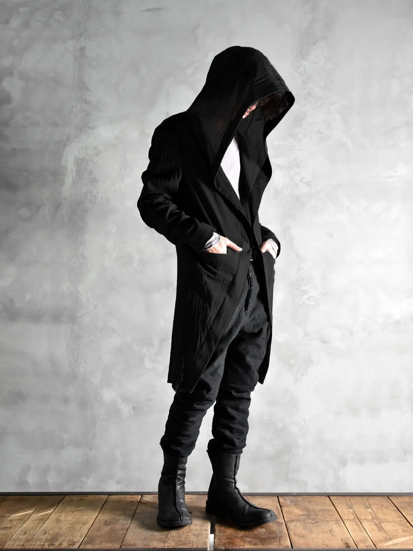 Men's Asymmetric Hooded Long Sleeve Solid Trench Coat Jackets – Black Avant-Garde Outerwear with Oversized Draped Design for Edgy Streetwear Jackets & TikTok Fashion