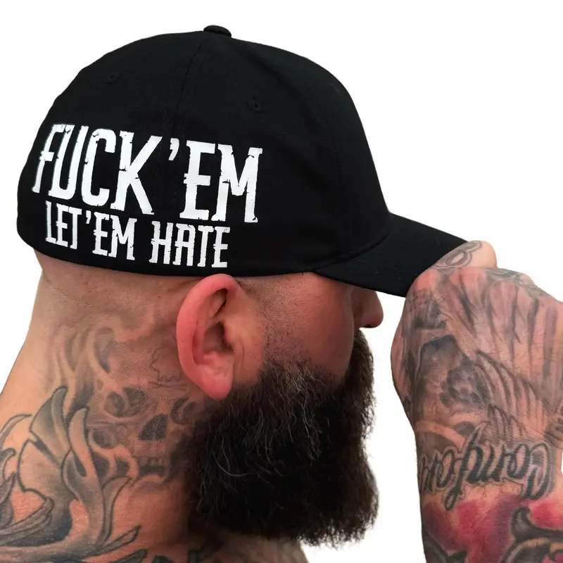 The Drive Clothing Unisex 'LET EM HATE' Slogan Graphic Flexfit Baseball Cap - Black Hat with White Side Font, 6-Panel Mid Profile Fitted Hat, Cotton-Spandex Blend, Original Flexfit Tech, Structured, Casual Streetwear, Beach Accessory