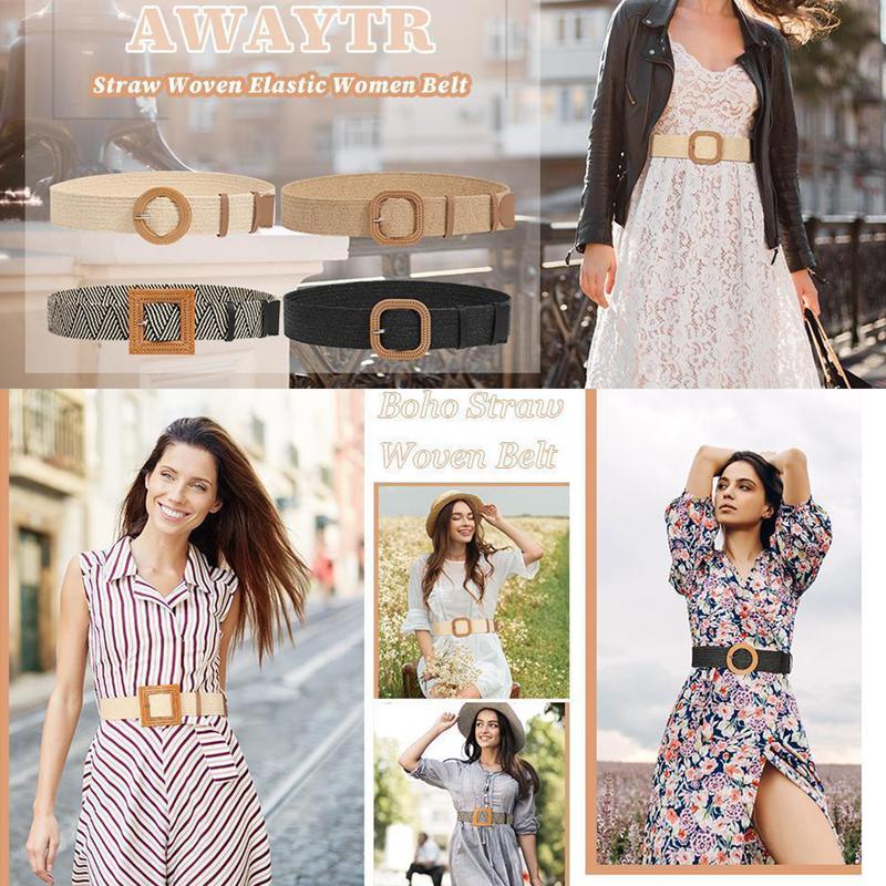 AWAYTR Fashion Elegant Women Elastic Belt Round Buckle Vintage Boho Straw Woven Belt Dress Belt TikTokShopBlackFriday