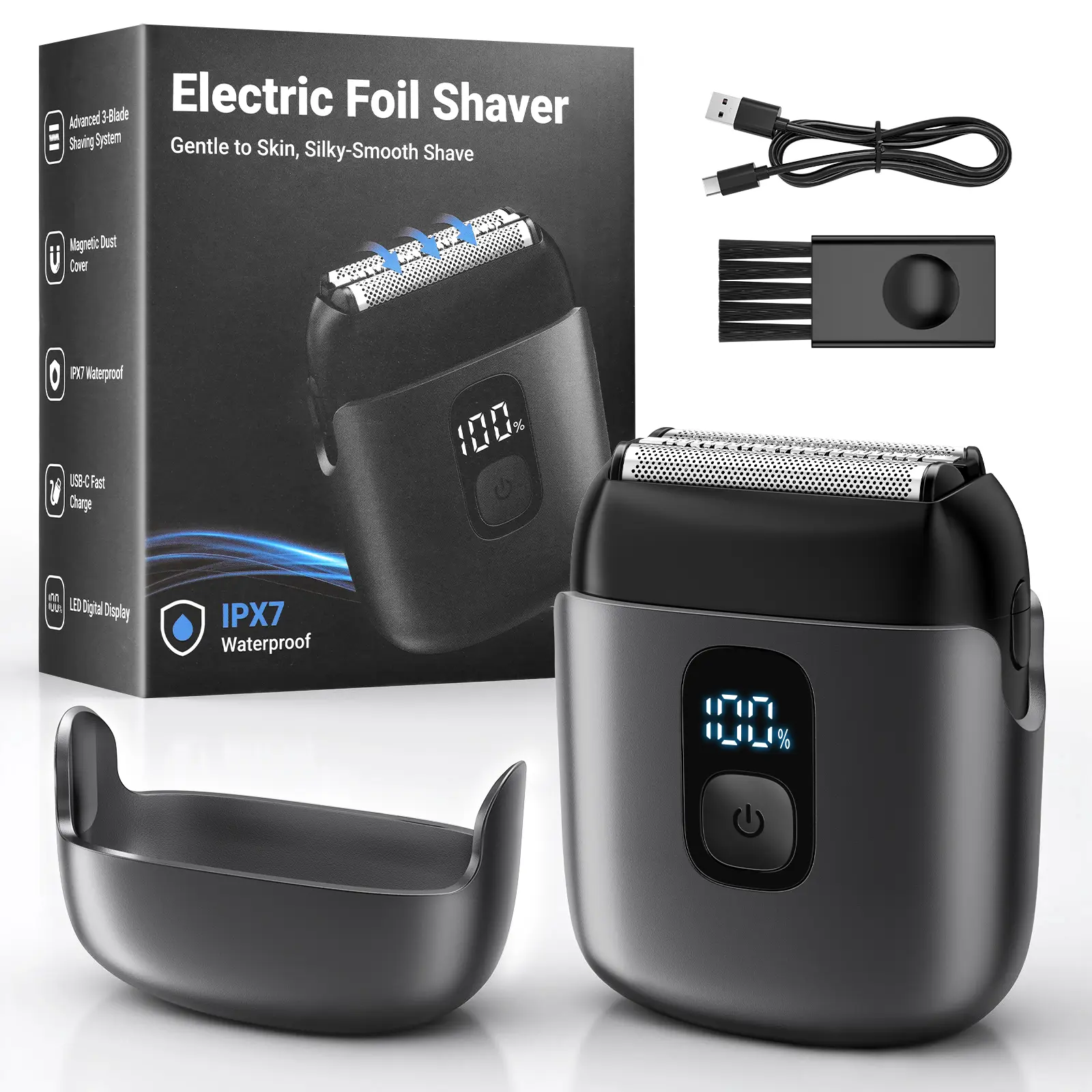Men's Electric Foil Razor - Compact Wet & Dry Beard Trimmer, USB Rechargeable Portable Razor with LED Display for Clean Shaves, Daily Travel, Foil Razors