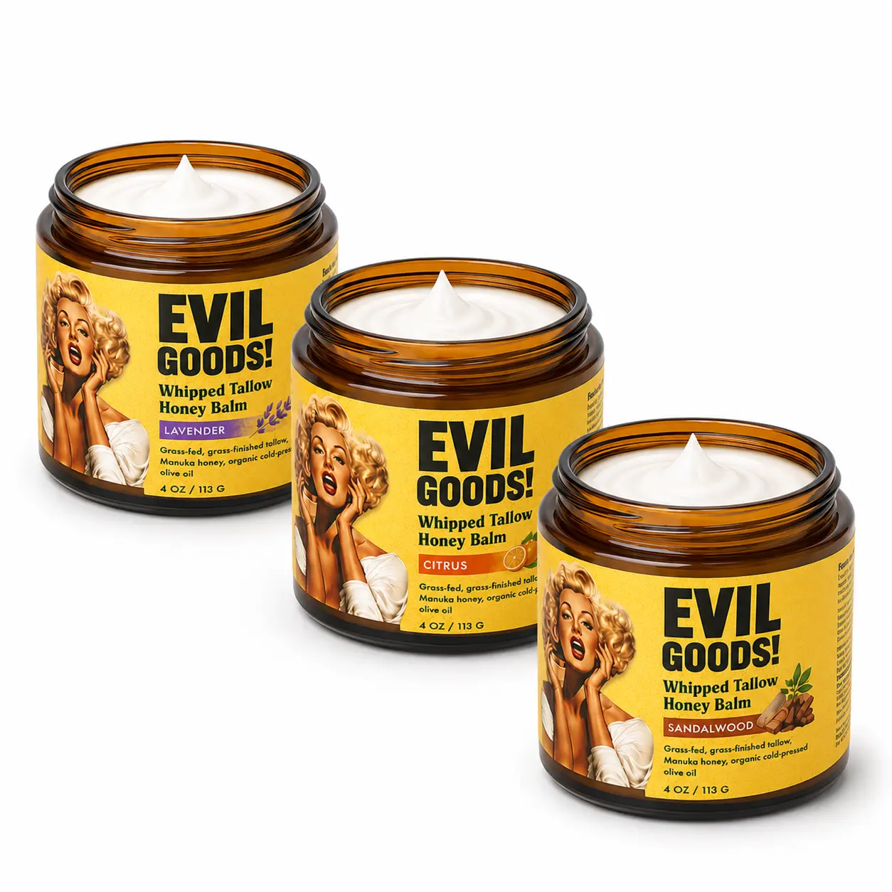 EVIL GOODS! 3-PACK Whipped Beef Tallow & Manuka Honey Organic Nourishing Face Cream Moisturizer Body Lotion Skin Care Lip Balm Hydrating Moisturizing 100% Natural Ingredients - Oil