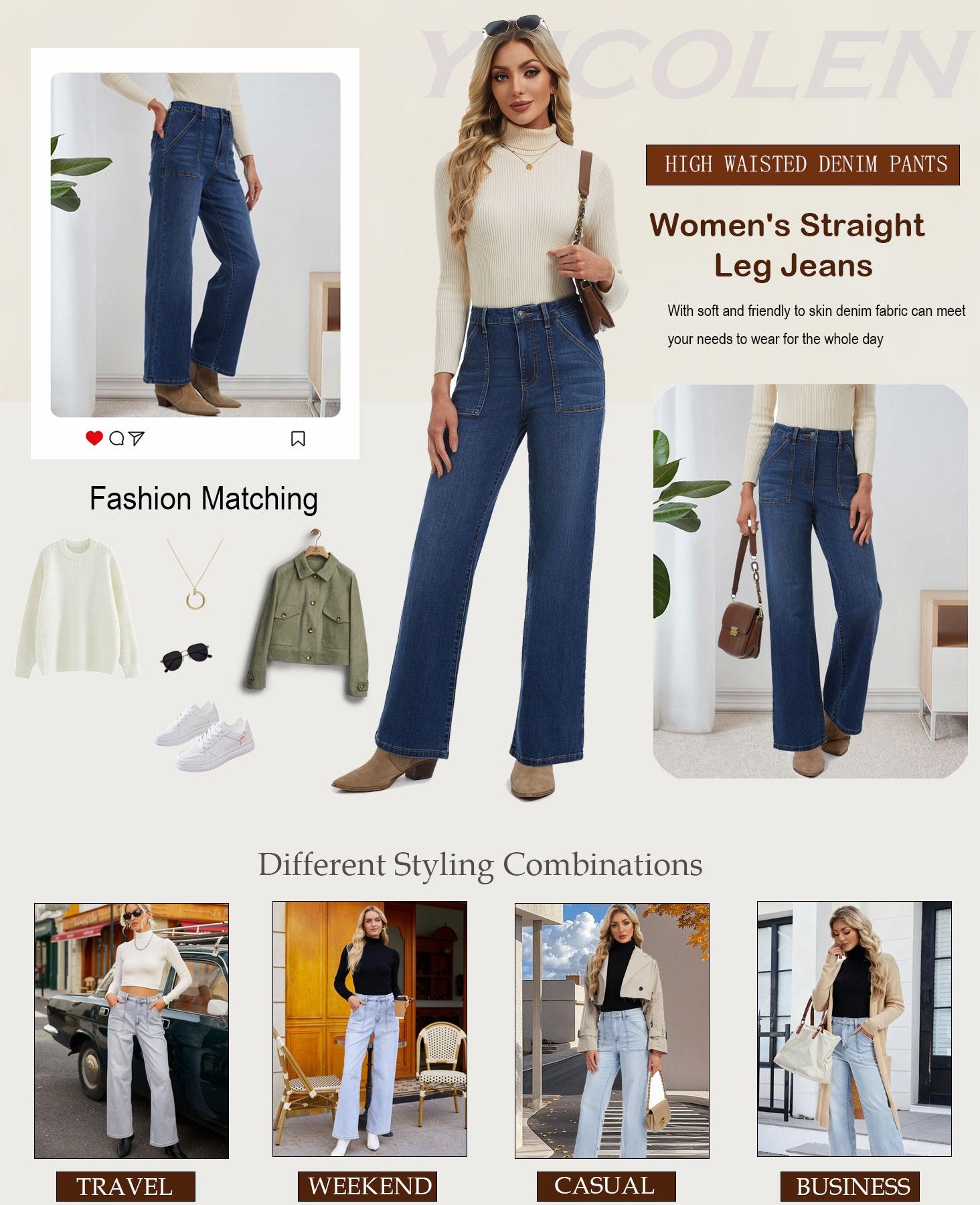 YUCOLEN Straight Leg Jeans for Women High Waisted Jeans Loose Wide Leg Stretchy Denim Pants with Pockets Fashion