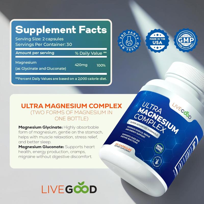 LiveGood Ultra Magnesium Complex | Organic Magnesium Glycinate and Gluconate for Muscle Recovery, Nerve Support & Relief – High Absorption Supplement, Vegan, Non-GMO, Made in USA, 60 Capsules LiveGood Ultra Magnesium Complex | Organic Magnesium Glycinate and Gluconate for Muscle Recovery, Nerve Support & Relief – High Absorption Supplement, Vegan, Non-GMO, Made in USA, 60 Capsules