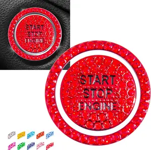 Engine Start Stop Button Bling Ring,Key Ignition Starter & Knob Crystal Rhinestone Cover, Push Start Button Diamond Decor (Ring+Cover, Red)