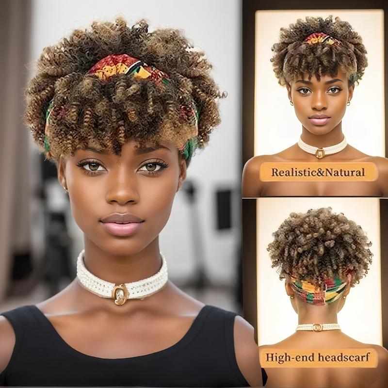 8inch Afro Headband Wig Kinky Curly Hair Wig with Bangs for Black Women Synthetic Turban Style Headband Wig Kinky Curly 2 in 1 Head Wrap With Headband Attached for Party Daily Use