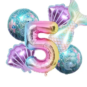Mermaid-Themed Birthday Balloon Set with Number 5, Sea Tail Foil Balloons for Girls’ Party