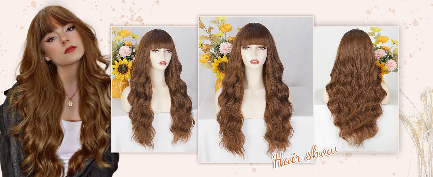 AISI HAIR Auburn Wig with Bangs Long Wavy Ginger Wig Natural Looking Heat Resistant Synthetic Curly Full Wigs for beginners Women Daily Use