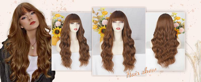 AISI HAIR Auburn Wig with Bangs Long Wavy Ginger Wig Natural Looking Heat Resistant Synthetic Curly Full Wigs for beginners Women Daily Use