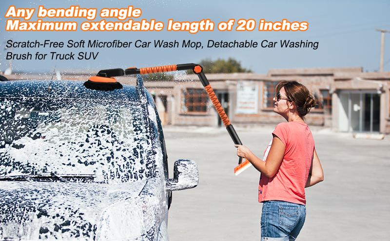 60'' Car Wash Brush with Ice Scrapers, 5 in 1 Multi-Functional Car Cleaning Brush Kit, 180 Degree Folding and Extendable Car Wash Mop, Soft Car Brushes