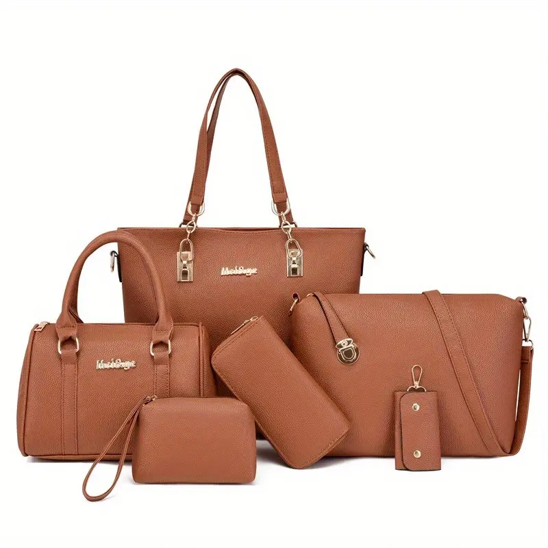 Retro PU Leather 6-Piece Women's Bag Set Handbag Shoulder Purse Wallet Key Holder Vintage Y2K Matching Collection Simple Exquisite Zipper Closure