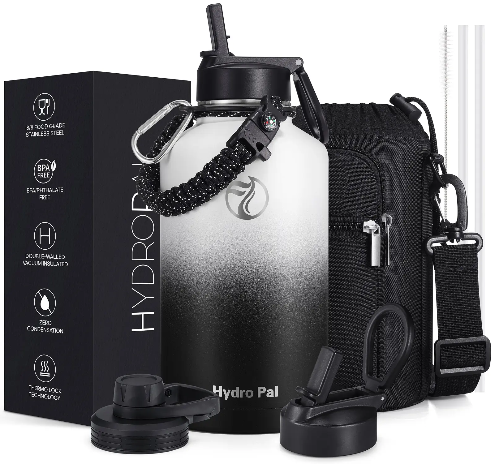64oz Stainless Steel Insulated Water Bottle Flask, Wide Mouth Double-Wall Vacuum Thermo with Chug & Straw Lids, BPA-Free Portable Paracord Carrier Tumbler for Hiking, Travel Stuff, Cool Gifts For Guys, Mens Gifts, Gifts For Boyfriends