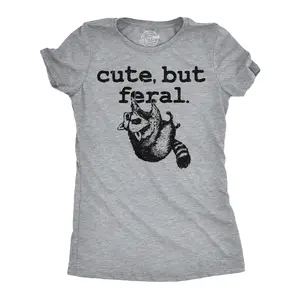 Womens Funny T Shirts Cute But Feral Sarcastic Raccoon Graphic Novelty Tee for Ladies Funny Womens T Shirts Cute Vintage Fashion Casual Ladies T-Shirt Gift Sarcastic Tops for Women Funny Animal Top Women's Light Grey