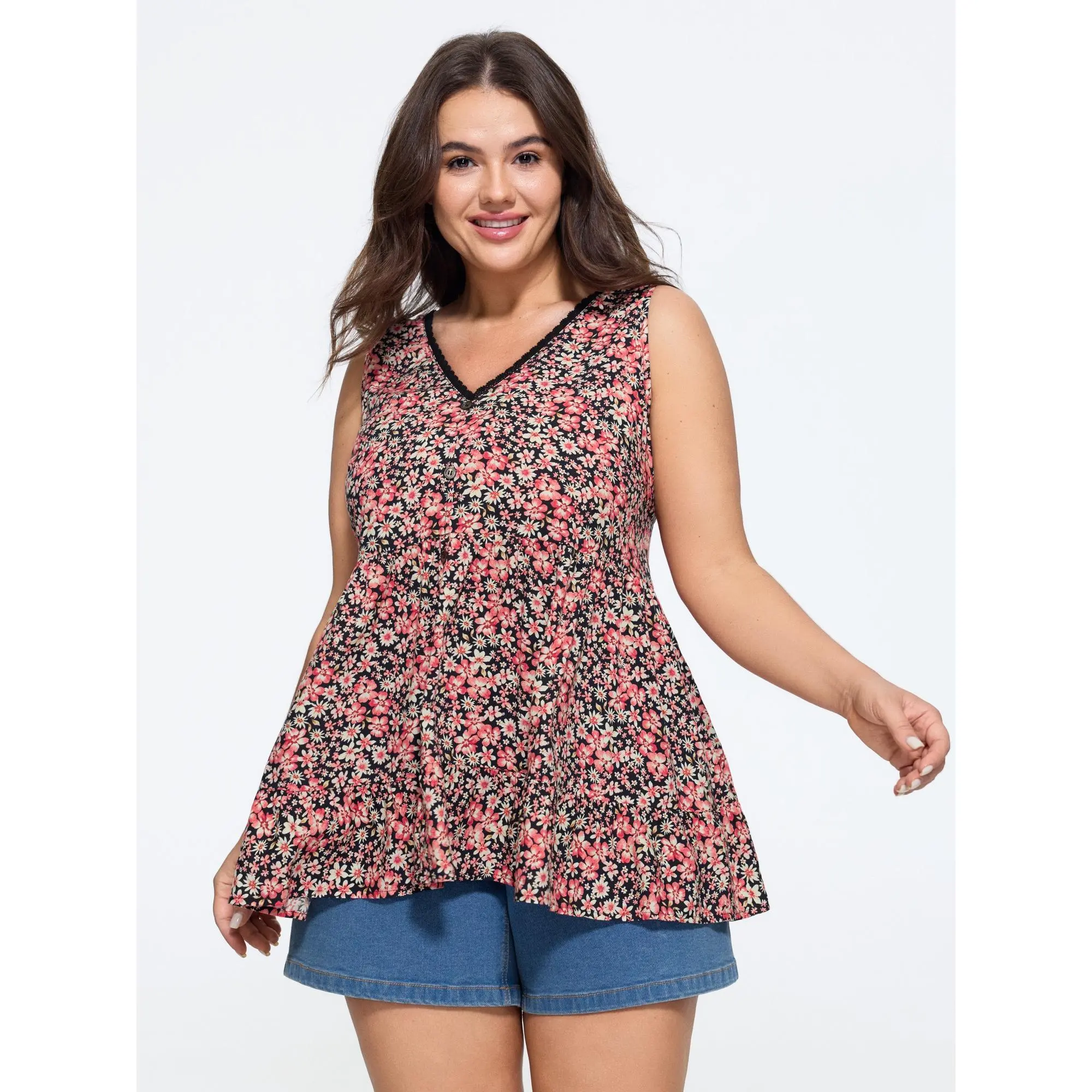BloomChic Plus Size Supersoft Ditsy Floral Print Lace Trim Tank Top[M-6X] Back To School,Spotlight Day