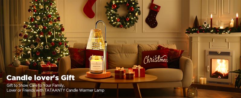 TATAANTY Candle Warmer Lamp with Timer Dimmable, Height-Adjustable Candle Warmer with 2 Bulbs, Melt Wax Warmer Lamp, House Warming Gifts New Home,Gifts for Women, Golden Glass Shade, Wood Base