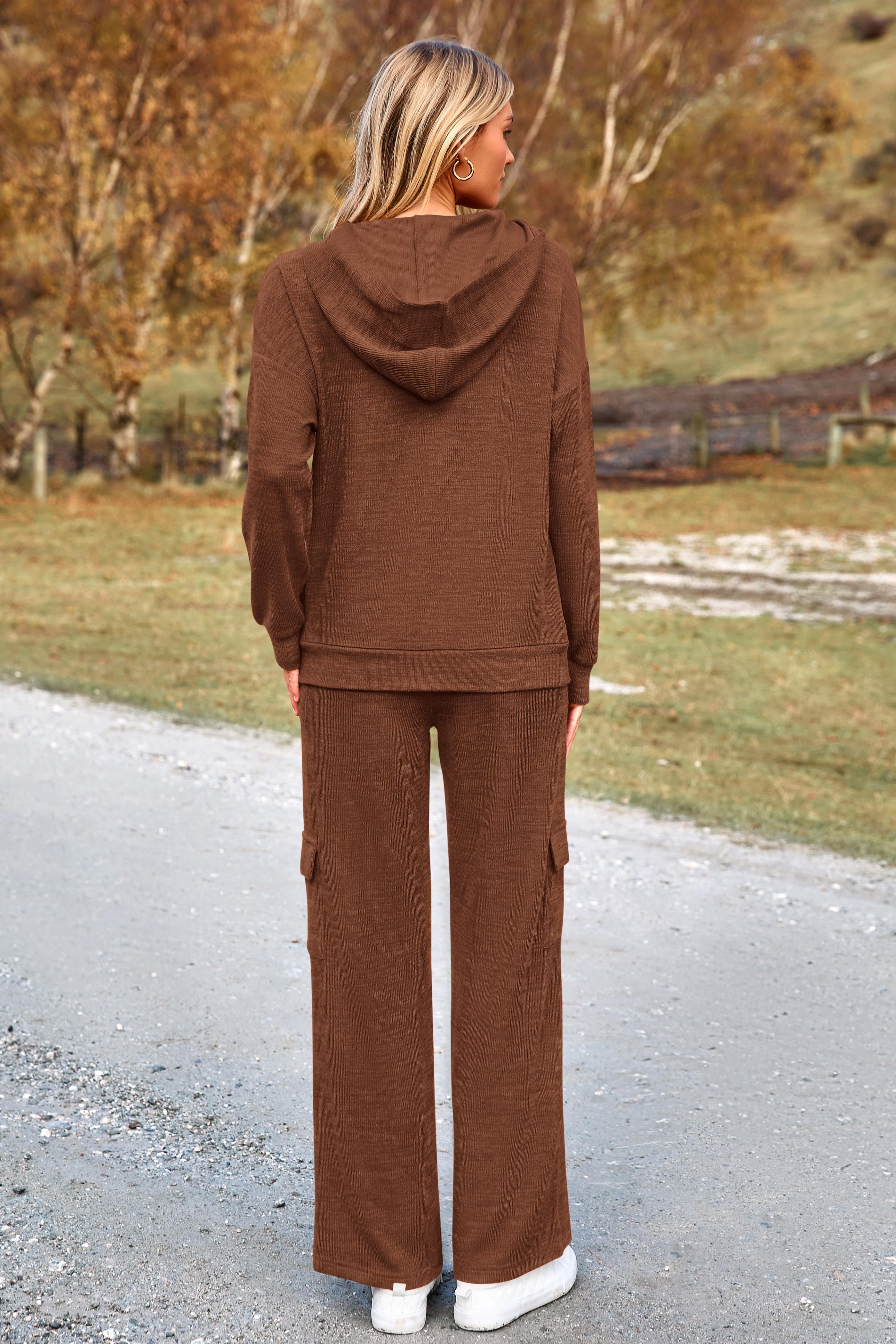 PRETTYGARDEN Women's Navy Blue 2-Piece Knitted Sets Hoodie & Wide Leg Pants with Pockets Drawstring Long Sleeve Loungewear Tracksuits Basic Fitted Clothes