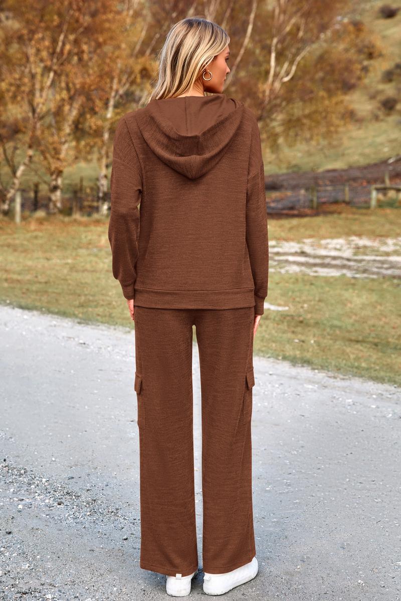 PRETTYGARDEN Women's Navy Blue 2-Piece Knitted Sets Hoodie & Wide Leg Pants with Pockets Drawstring Long Sleeve Loungewear Tracksuits Basic Fitted Clothes