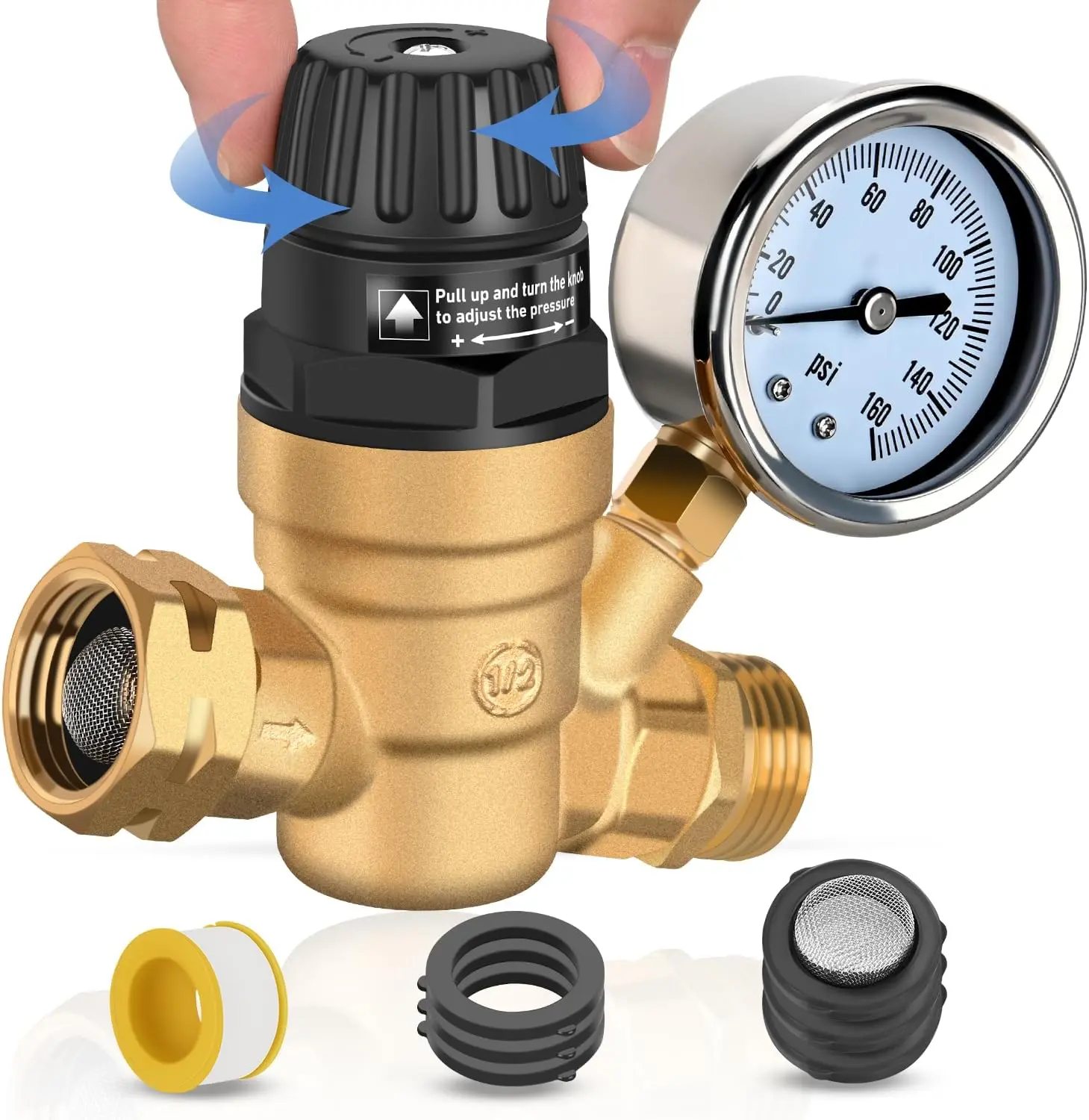 Nilight NSF Lead-Free Brass RV Water Pressure Regulator with Twist Handle, Instant Adjust, Pressure Gauges, Inlet Screen Filter, 3/4" Hose Female Inlet, 0-160psi Range for RV Camper, U.S. & Almost All America Water Systems