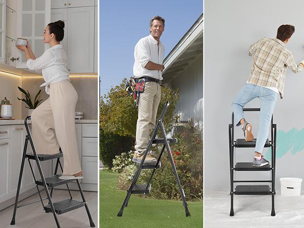 Step Ladder, Foldable Stool with Wide Pedal, Cushioned Handle, 800lbs Capacity for Home Kitchen and Outdoor, Black