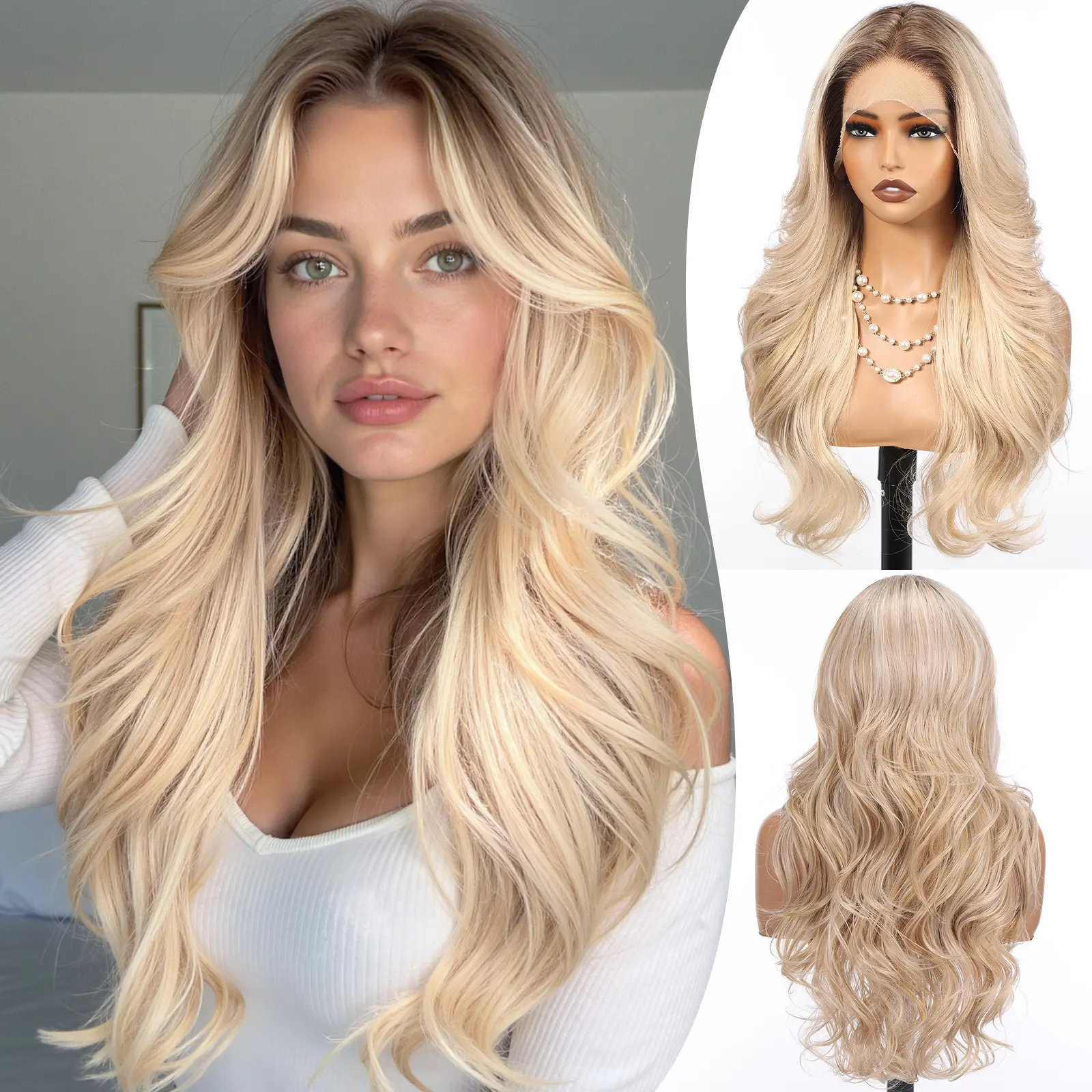 HAIRCUBE 13x4 HD Lace Front Synthetic Ombre Blonde Wig for Women 26 Inch,Heat Resistant Long Wave Layered, Glueless Lace Front Wigs