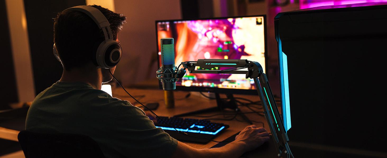 TONOR T90/T20S RGB Boom Arm, Adjustable Mic Stand with 11 Light Modes for Gaming, Streaming, Podcasting, and Recording, Durable Steel Usb Cable