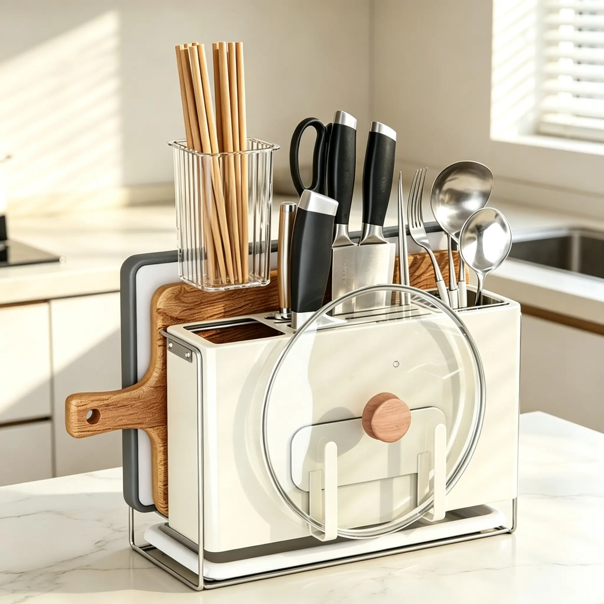 Multifunctional Magnetic Kitchen Tool Holder, Countertop Knife Utensil Storage Rack with Hooks & Chopstick Slots