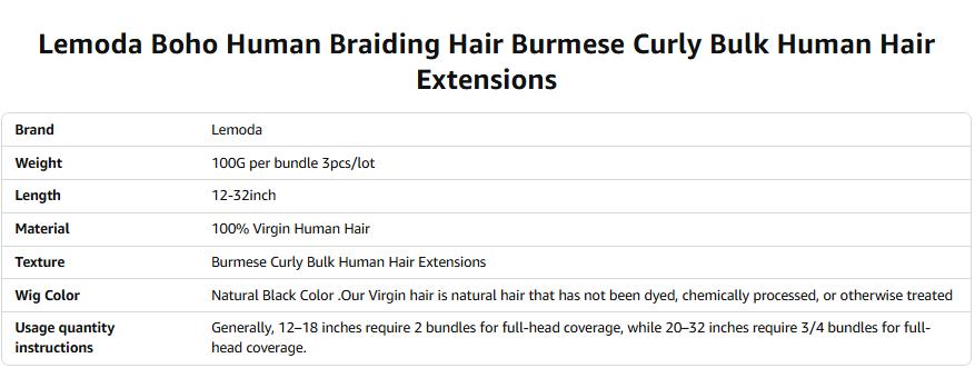 Lemoda Boho Human Braiding Hair Burmese Curly Bulk Human Hair Extensions For Bohemian Knotless Braids No Weft 12inch-32Inch 3Bundles/Lot 100g/1Bundle 1B Natural Black Salon-Quality