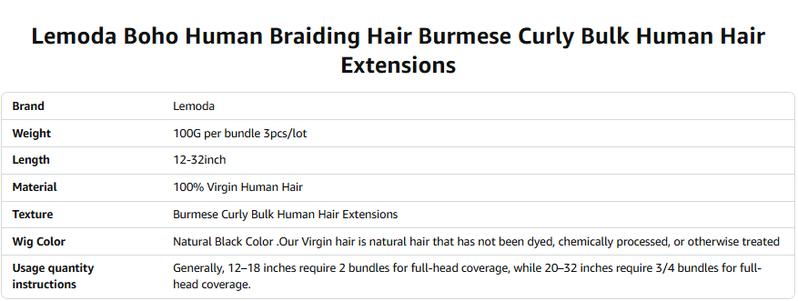 Lemoda Boho Human Braiding Hair Burmese Curly Bulk Human Hair Extensions For Bohemian Knotless Braids No Weft 12inch-32Inch 3Bundles/Lot 100g/1Bundle 1B Natural Black Salon-Quality