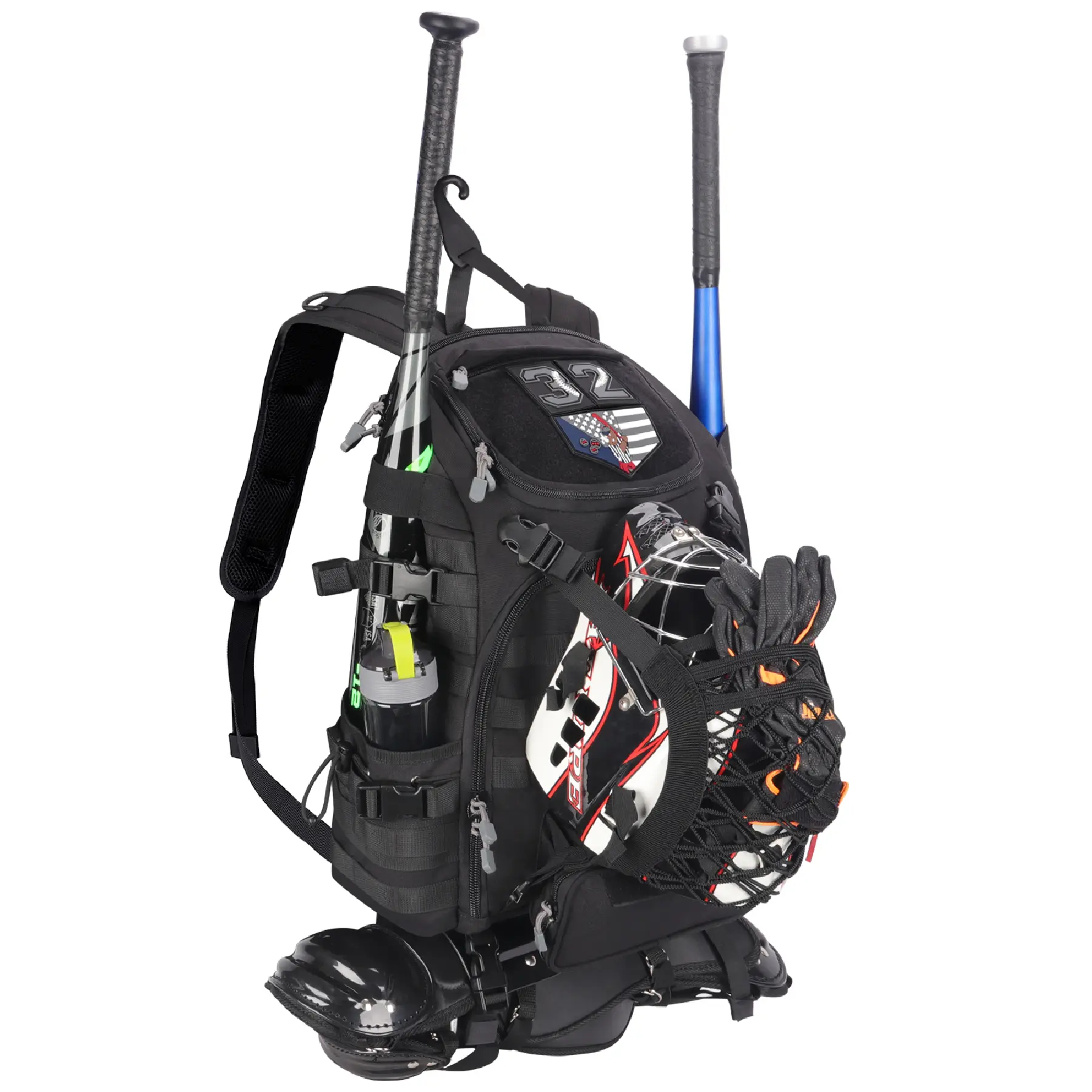 Oversized  Catcher Backpack for Full Gear, Unisex Equipment  for Youth & Adult Players with 2 Bat Holders, Shoe Compartment, Custom Patch Panel & Heavy-Duty Reinforced Hook, Custom Patch Area, Adults, Dugout Hook, Multi-Compartm softball, Baseball Games