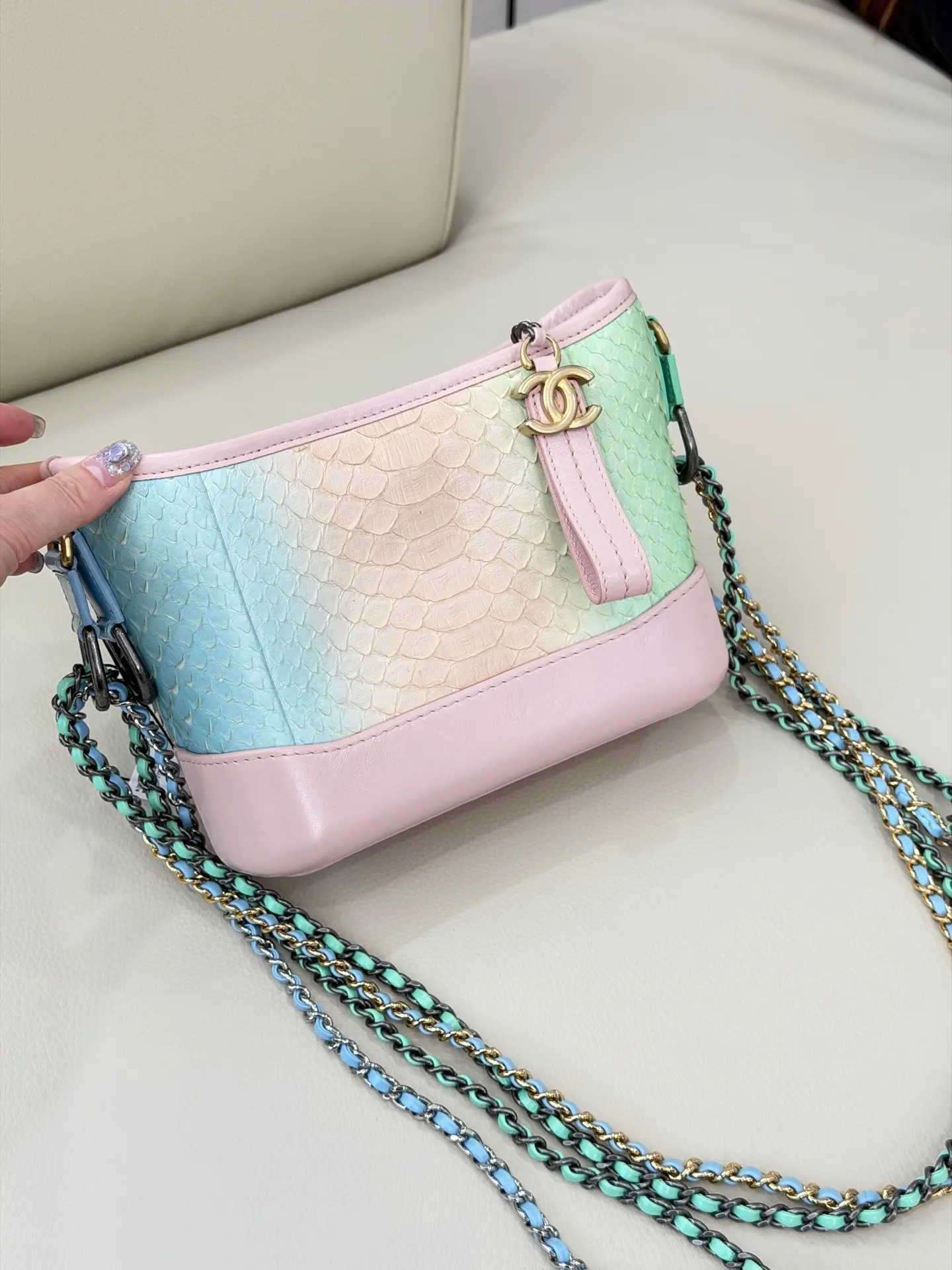 Pre-owned CHANEL Limited Edition Small Gabrielle Hobo Bag Macaron Gradient Exotic Python Snakeskin Full Leather Interior Dual Metal Chain Serial Code 27 Series Multi Way Crossbody Handbag 2605147