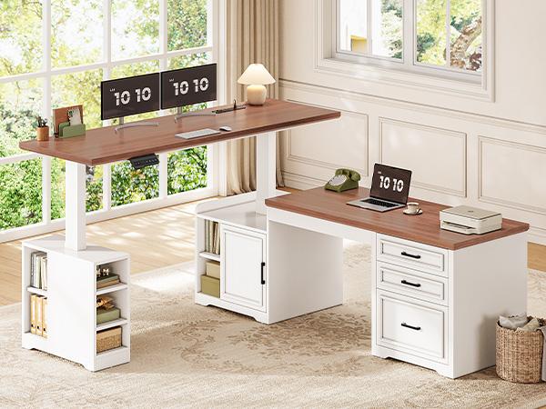 Sedeta 63 Inch L Shaped Electric Standing Desk Height Adjustable Computer Desk with Drawers Shelves Power Outlet Tiltable Tabletop Wood Workstation