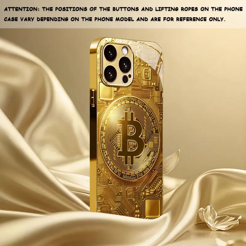 Advanced Gold Plated Bitcoin New Electroplated Gold Tempered Glass Phone Case for iPhone 17/17 Pro/17 Pro Max/16/16 Plus/16 Pro/16 Pro Max/15/15 Plus/15 Pro/15 Pro Max/14/14 Plus/14 Pro/14 Pro Max/13/13 Mini/13 Pro/13 Pro Max/12/12 Mini/12 Pro/12 Pro Max/