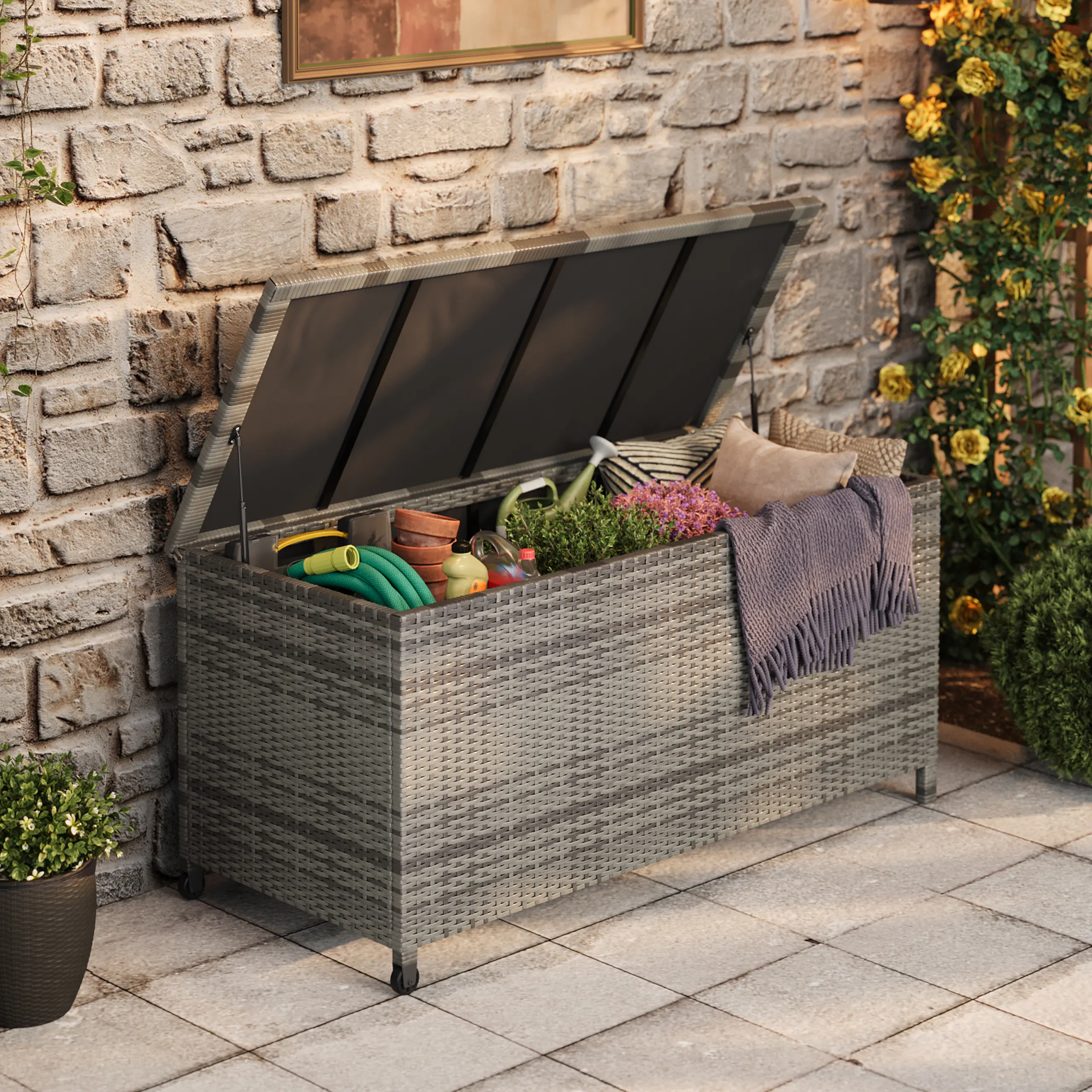 Extra Large 125 Gallon Lockable Outdoor Wicker Deck Box with Wheels - PE Rattan Storage Chest, All-Weather Waterproof, Heavy Duty, Soft-Close Lid for Patio Cushions, Garden Tools, Pool Toys