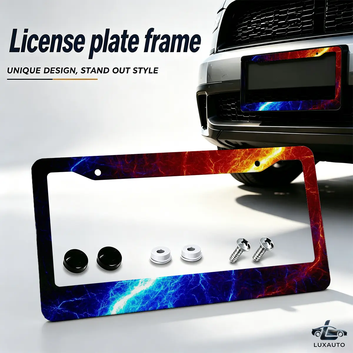 Fire and Ice Lightning Aluminum License Plate Frame - 12.2x6.3" Universal Auto Tag Holder with Hardware Kit, Weather-Resistant Car Decor with Bold Look & Glowing Arcs for Enthusiasts, License Plate Cover