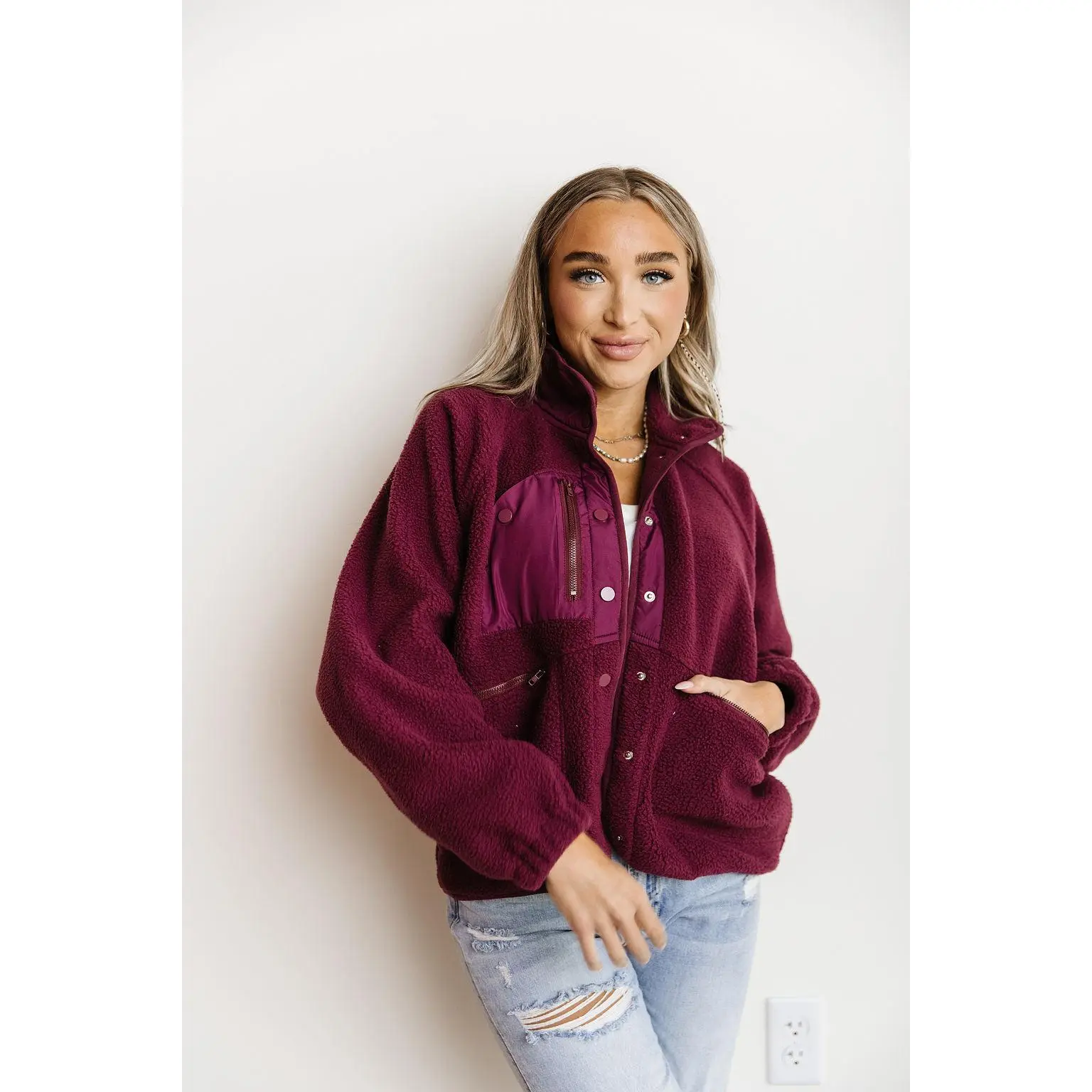 Lady's Cute Oversized Plum Fleece Hoodie Sweatshirt - Casual, Comfortable, Pocket-Equipped Women's Outerwear