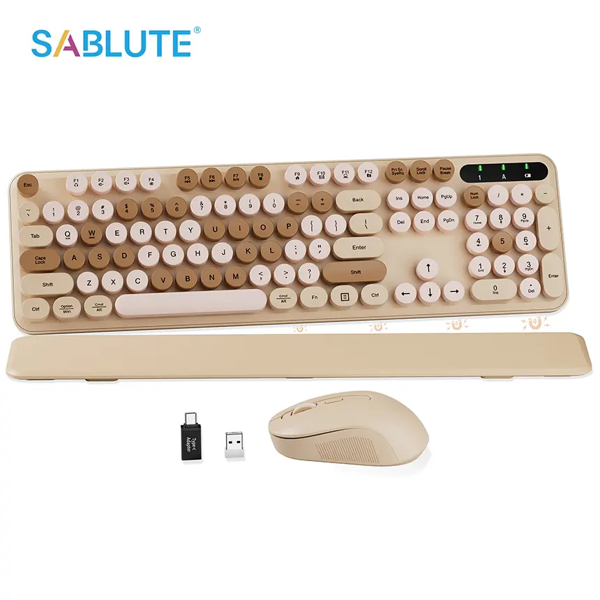 SABLUTE CK23 Vintage Waterproof Desktop Wireless Keyboard & Mouse Combo, Detachable Wrist Rest, Round Keycaps, Tilt Legs, Sleep Mode, USB Receiver (Non-Bluetooth), Waterproof Keyboard, Desktop Keyboard & Mouse Combos tiktokshopbacktoschool