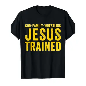 Mens Jesus Trained God Family Wrestling T-Shirt Christian Wrestling Fan Apparel White with Bold Yellow Lettering and Ring Design Casual Round Neck Short Sleeve Tee for Church Events and Wrestling Matches